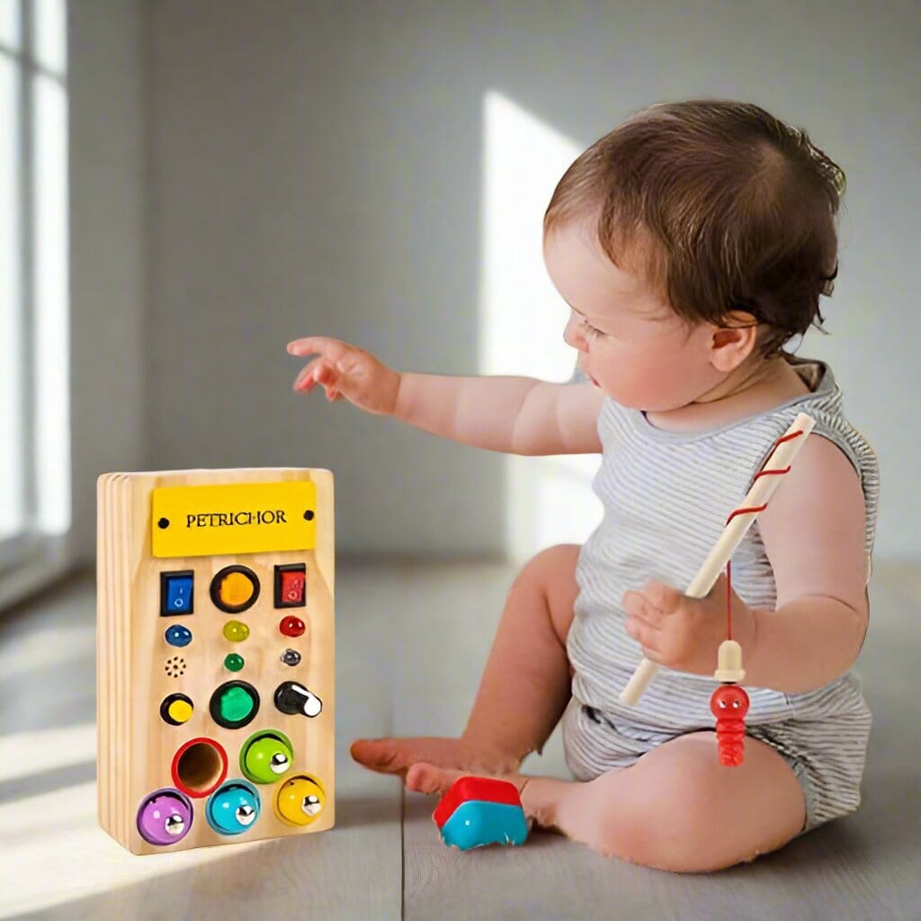 Tableau interactif coloré pour bébé | Tableau Montessori BusyBoardCircuit Pêche Jeu éducatif et motricité fine pour enfant | Tableau Montessori BusyBoardCircuit Pêche Tableau sensoriel Montessori pour éveil et jeu | Tableau Montessori BusyBoardCircuit Pêche