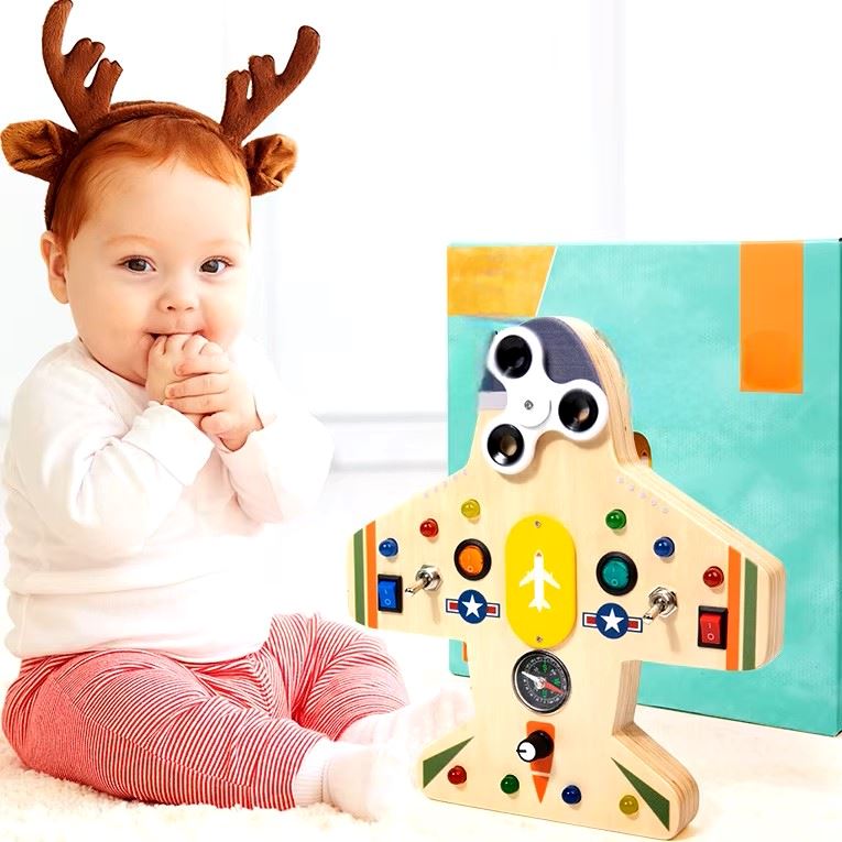 Tableau éducatif interactif | Tableau Montessori BusyBoardCircuit Aéronef Motricité fine et éveil sensoriel | Tableau Montessori BusyBoardCircuit Aéronef Jeu éducatif sûr pour bébé | Tableau Montessori BusyBoardCircuit Aéronef