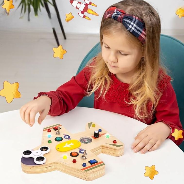 Tableau éducatif interactif | Tableau Montessori BusyBoardCircuit Aéronef Motricité fine et éveil sensoriel | Tableau Montessori BusyBoardCircuit Aéronef Jeu éducatif sûr pour bébé | Tableau Montessori BusyBoardCircuit Aéronef